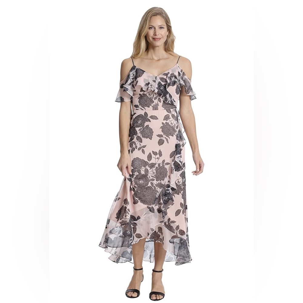 London Times Sz‎ 14 Pink Floral Ruffle Sleeveless Faux Wrap Maxi Dress